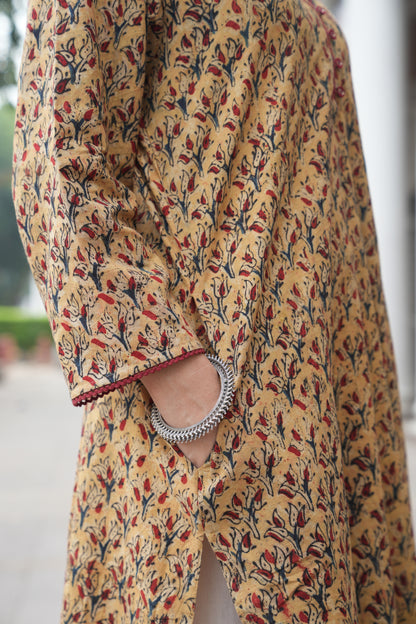 Mustard Floral Handprinted Kalamkari Kurta
