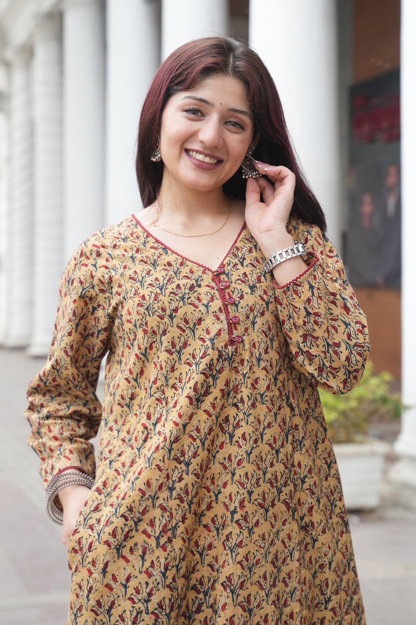 Mustard Floral Handprinted Kalamkari Kurta