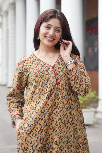Mustard Floral Handprinted Kalamkari Kurta