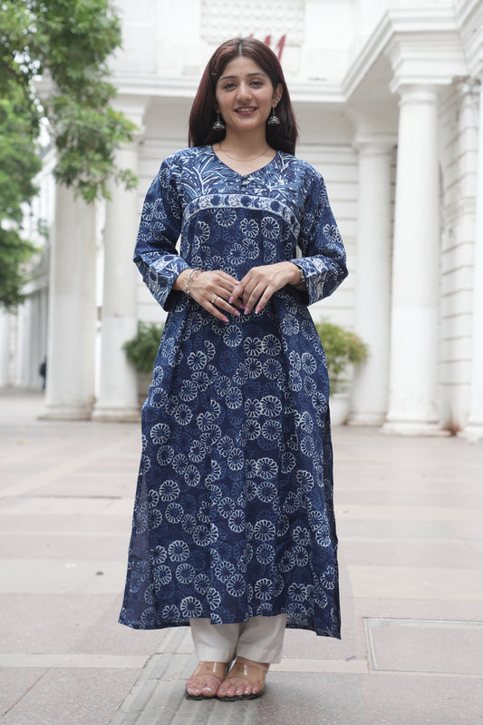 Indigo Dabu Hand Block Printed Straight Cotton Kurta for Women