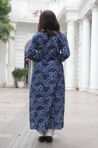 Indigo Dabu Hand Block Printed Straight Cotton Kurta for Women