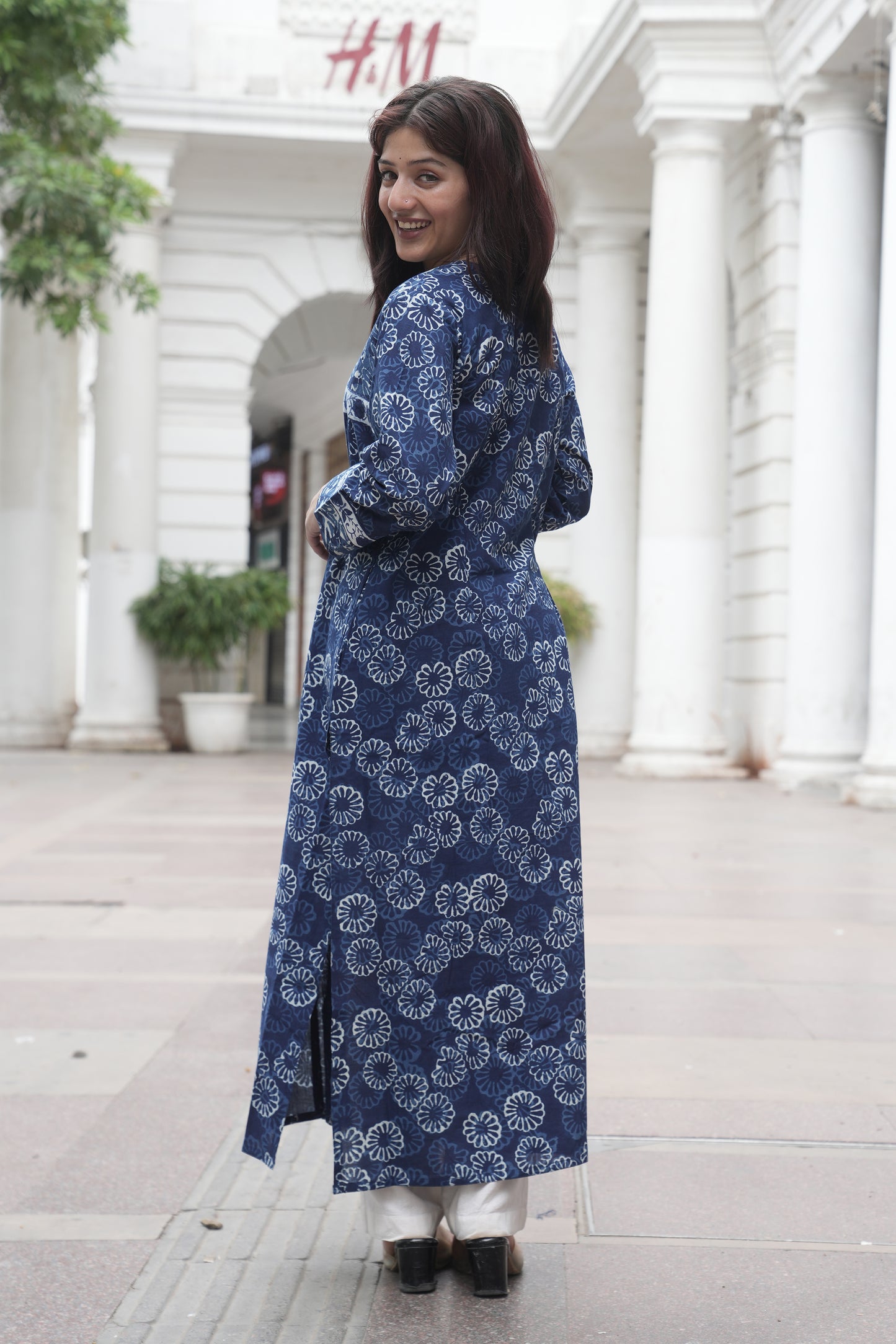 Indigo Dabu Hand Block Printed Straight Cotton Kurta for Women