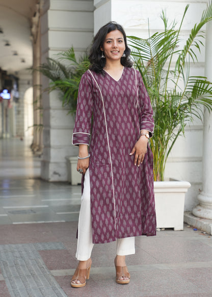 Wine Handloom Ikat Kurta with Crosia Lace Detailing for Women