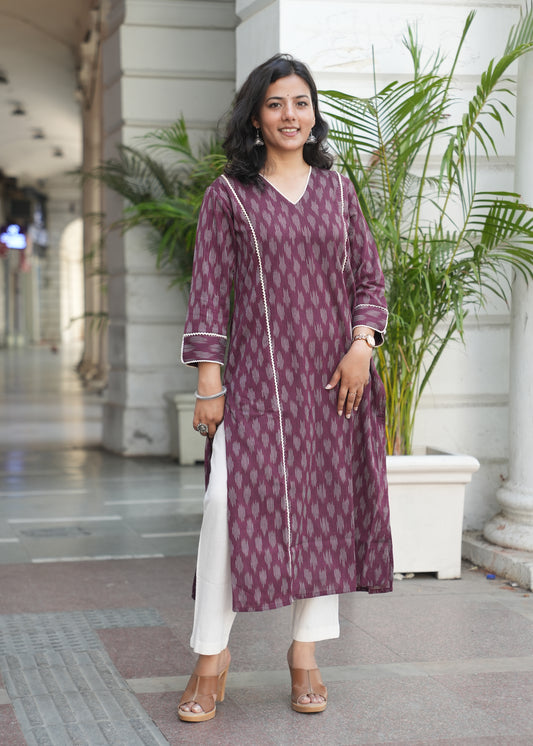 Wine Handloom Ikat Kurta with Crosia Lace Detailing for Women