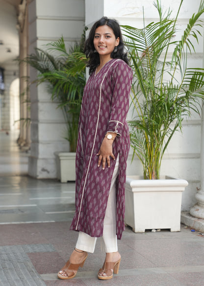 Wine Handloom Ikat Kurta with Crosia Lace Detailing for Women