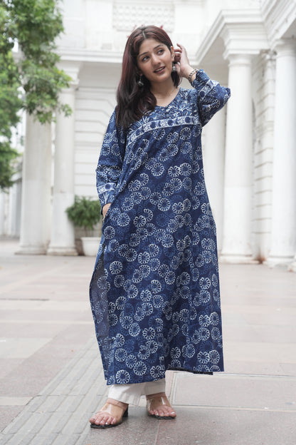 Indigo Dabu Hand Block Printed Straight Cotton Kurta for Women