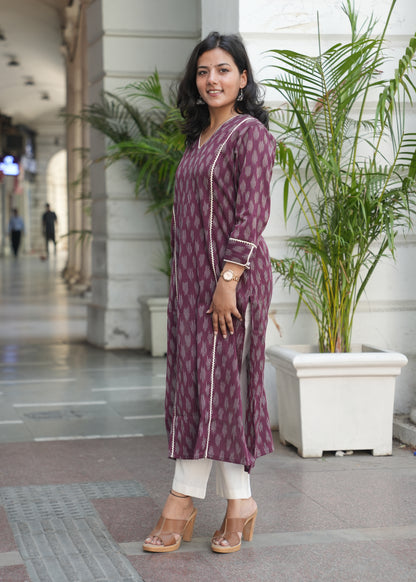 Wine Handloom Ikat Kurta with Crosia Lace Detailing for Women