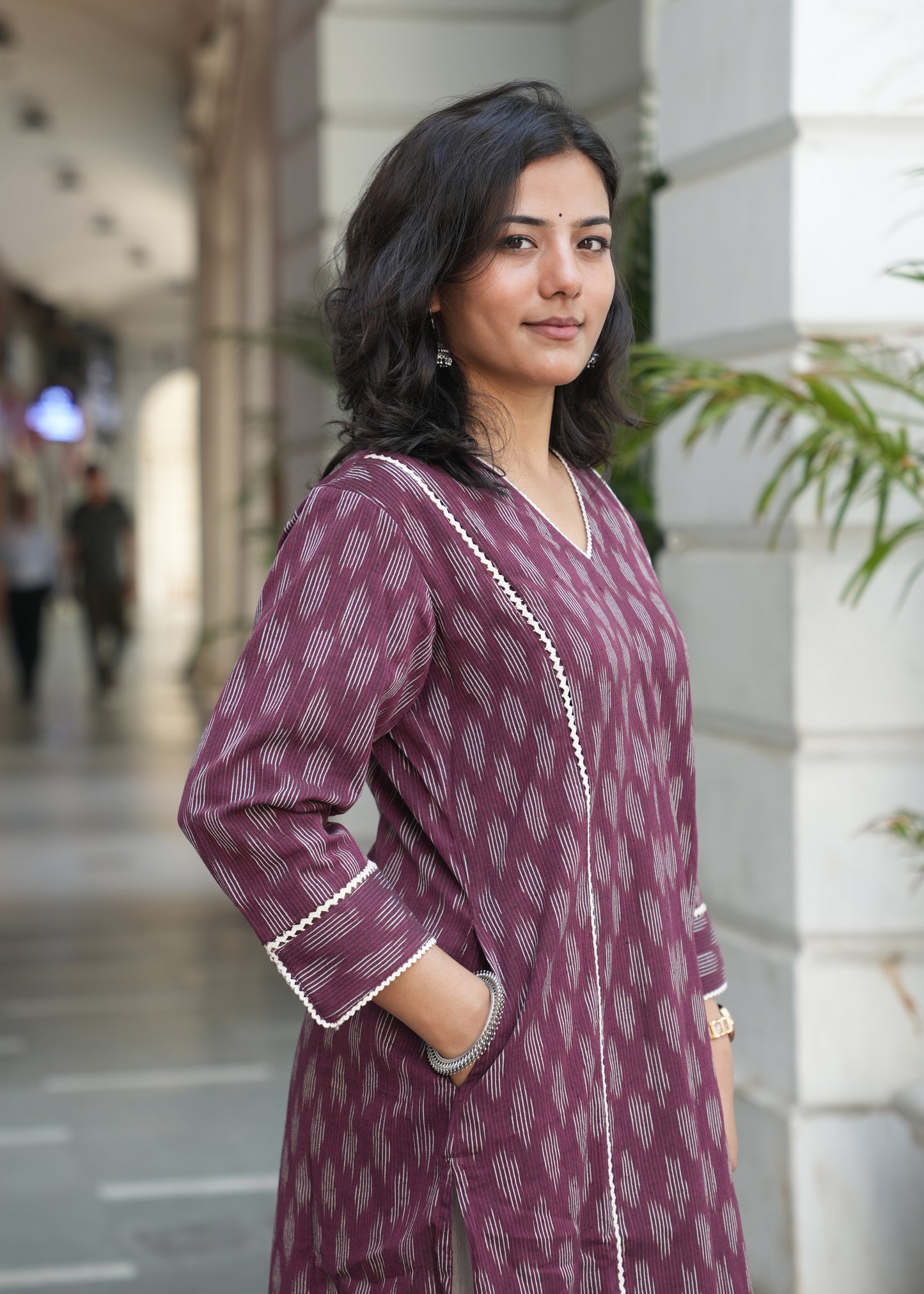Wine Handloom Ikat Kurta with Crosia Lace Detailing for Women