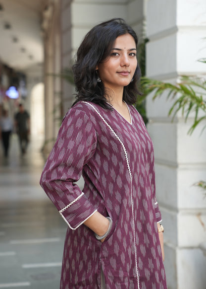 Wine Handloom Ikat Kurta with Crosia Lace Detailing for Women