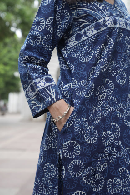 Indigo Dabu Hand Block Printed Straight Cotton Kurta for Women