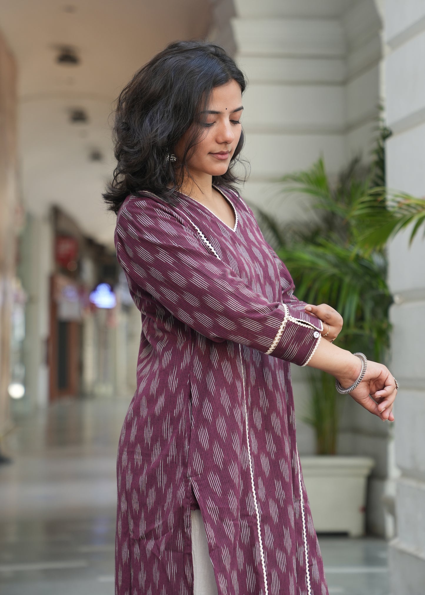Wine Handloom Ikat Kurta with Crosia Lace Detailing for Women