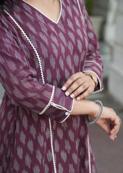 Wine Handloom Ikat Kurta with Crosia Lace Detailing for Women