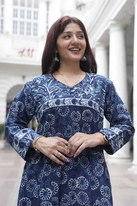 Indigo Dabu Hand Block Printed Straight Cotton Kurta for Women