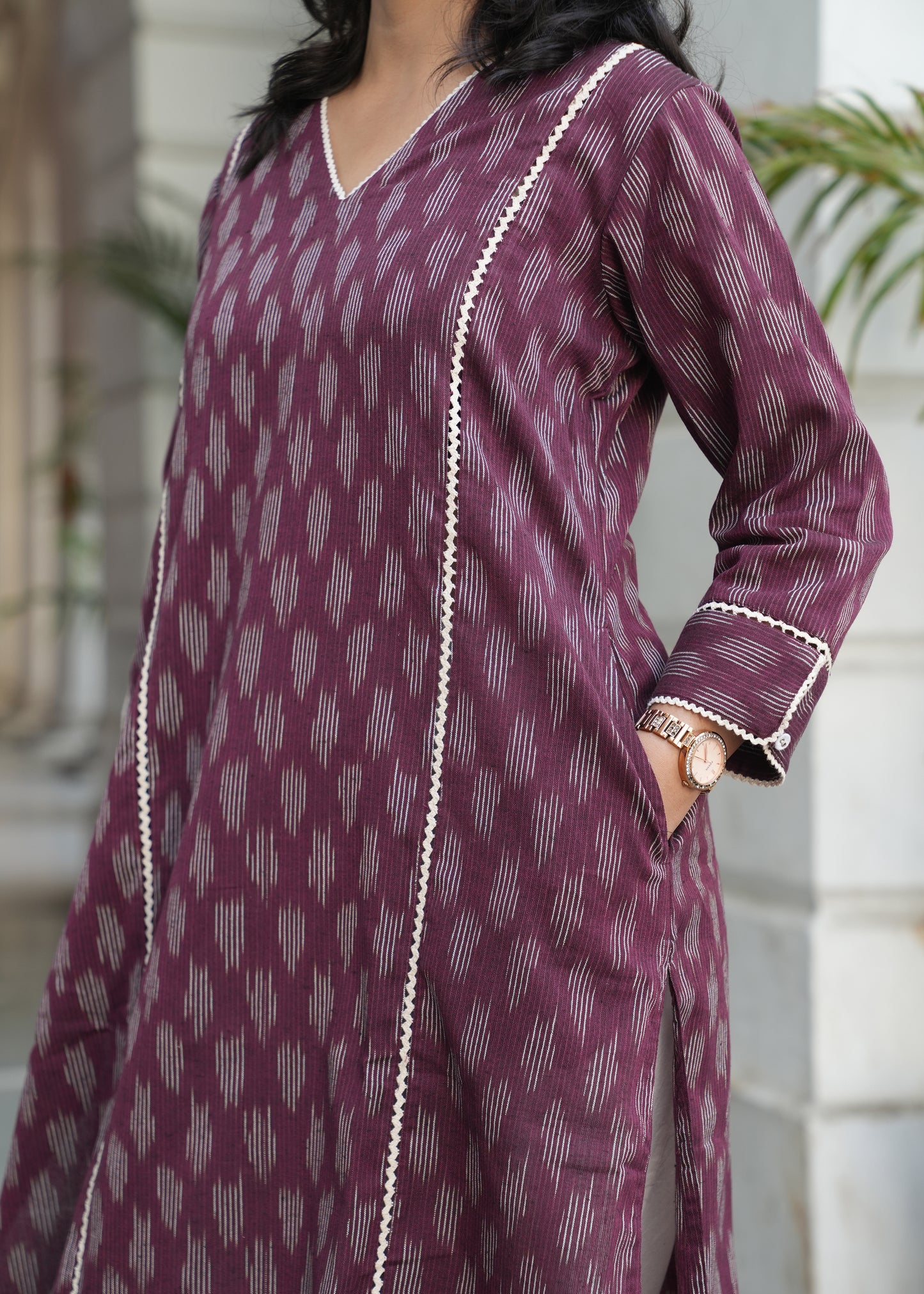 Wine Handloom Ikat Kurta with Crosia Lace Detailing for Women