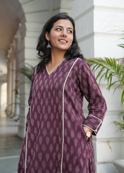 Wine Handloom Ikat Kurta with Crosia Lace Detailing for Women
