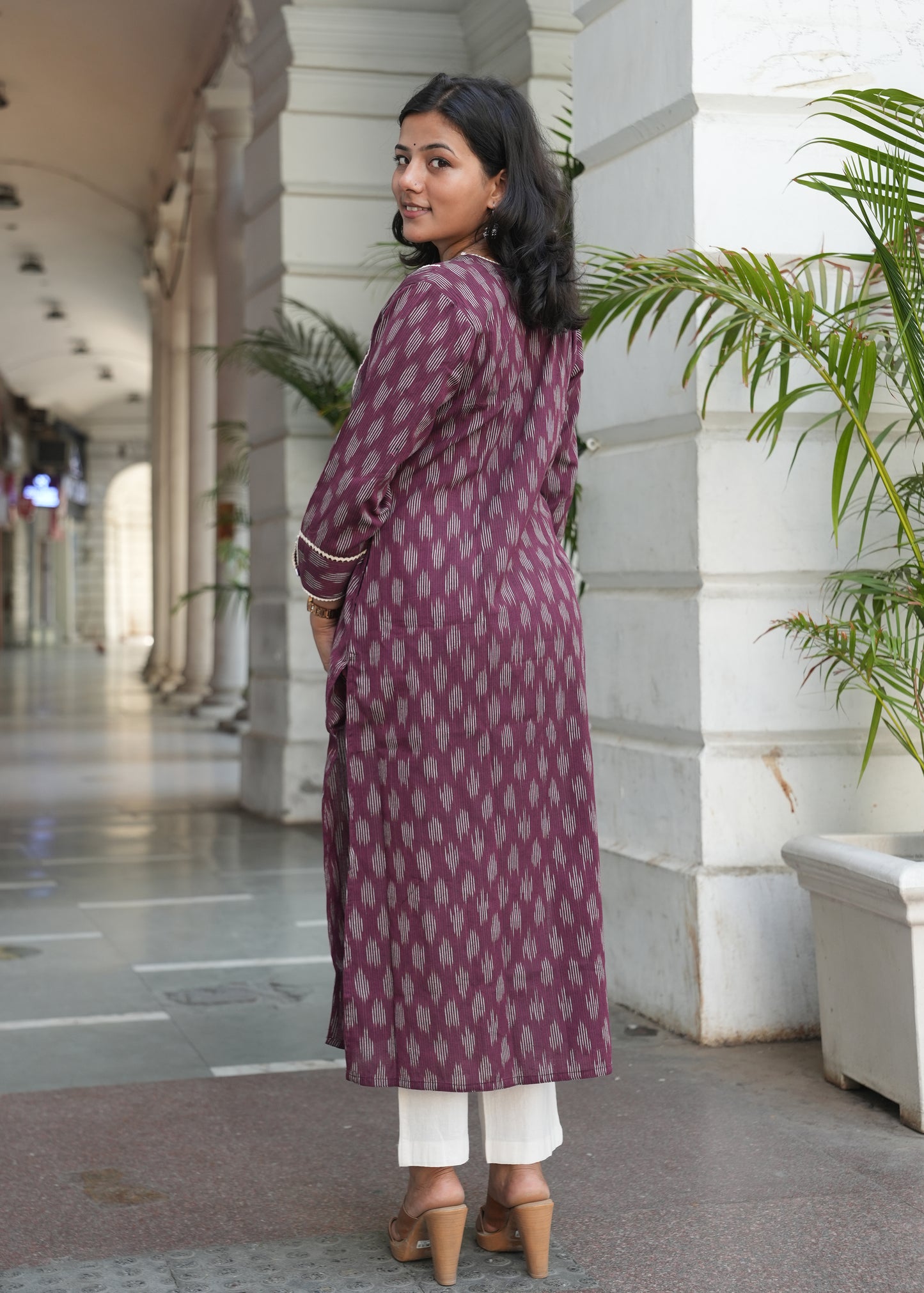 Wine Handloom Ikat Kurta with Crosia Lace Detailing for Women