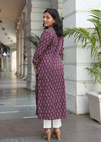 Wine Handloom Ikat Kurta with Crosia Lace Detailing for Women