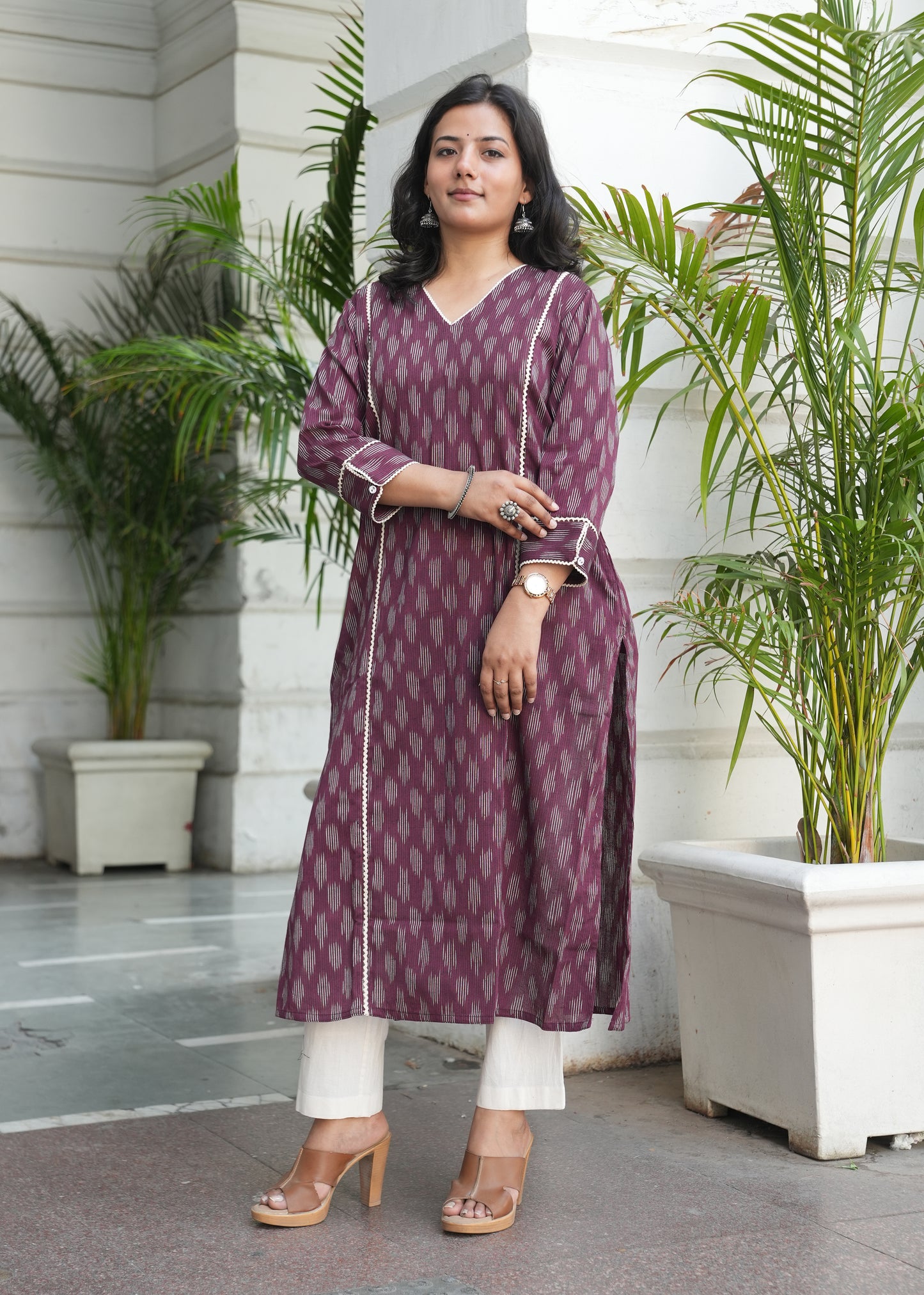 Wine Handloom Ikat Kurta with Crosia Lace Detailing for Women