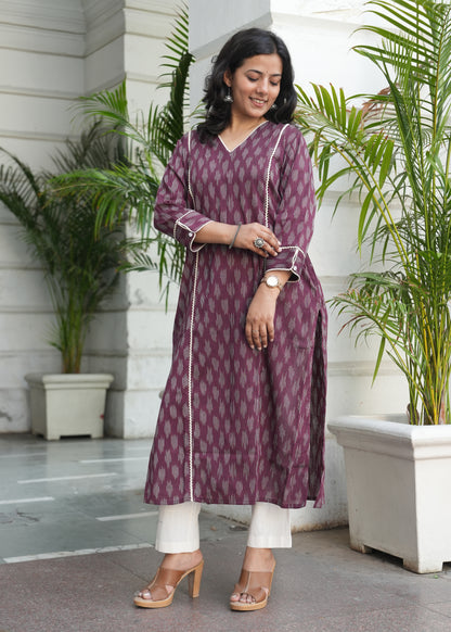 Wine Handloom Ikat Kurta with Crosia Lace Detailing for Women