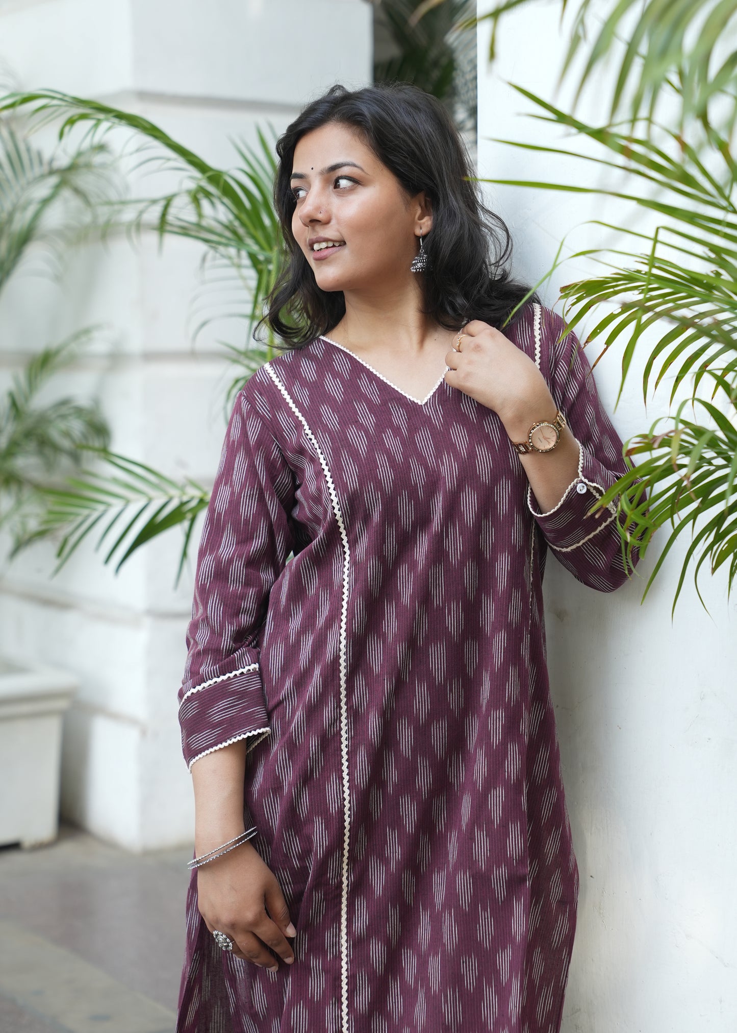 Wine Handloom Ikat Kurta with Crosia Lace Detailing for Women
