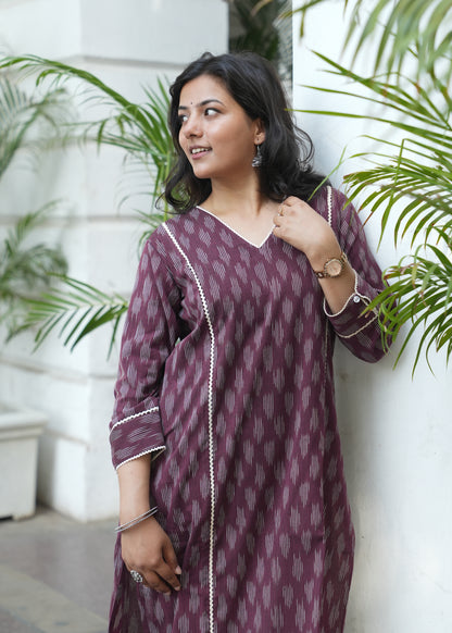 Wine Handloom Ikat Kurta with Crosia Lace Detailing for Women