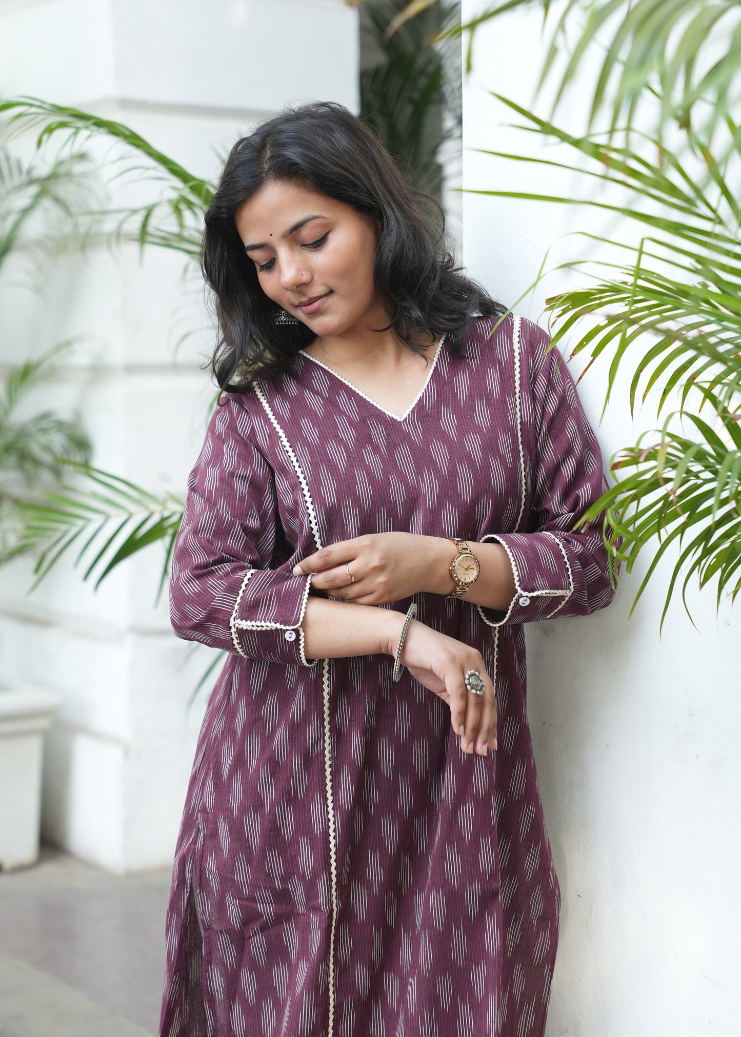 Wine Handloom Ikat Kurta with Crosia Lace Detailing for Women