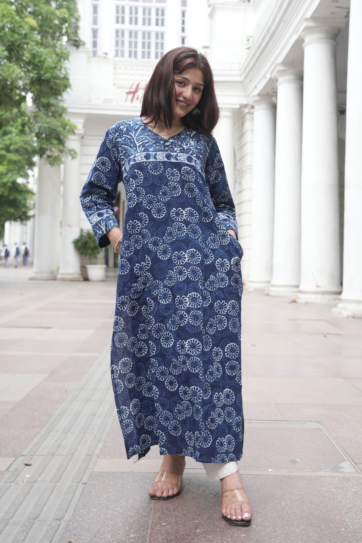 Indigo Dabu Hand Block Printed Straight Cotton Kurta for Women
