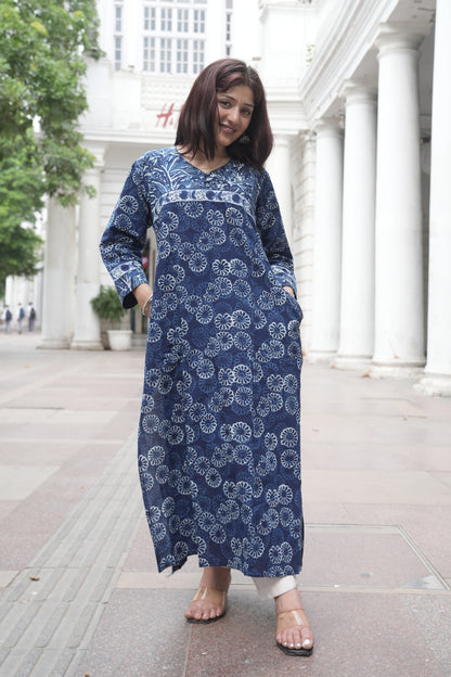 Indigo Dabu Hand Block Printed Straight Cotton Kurta for Women