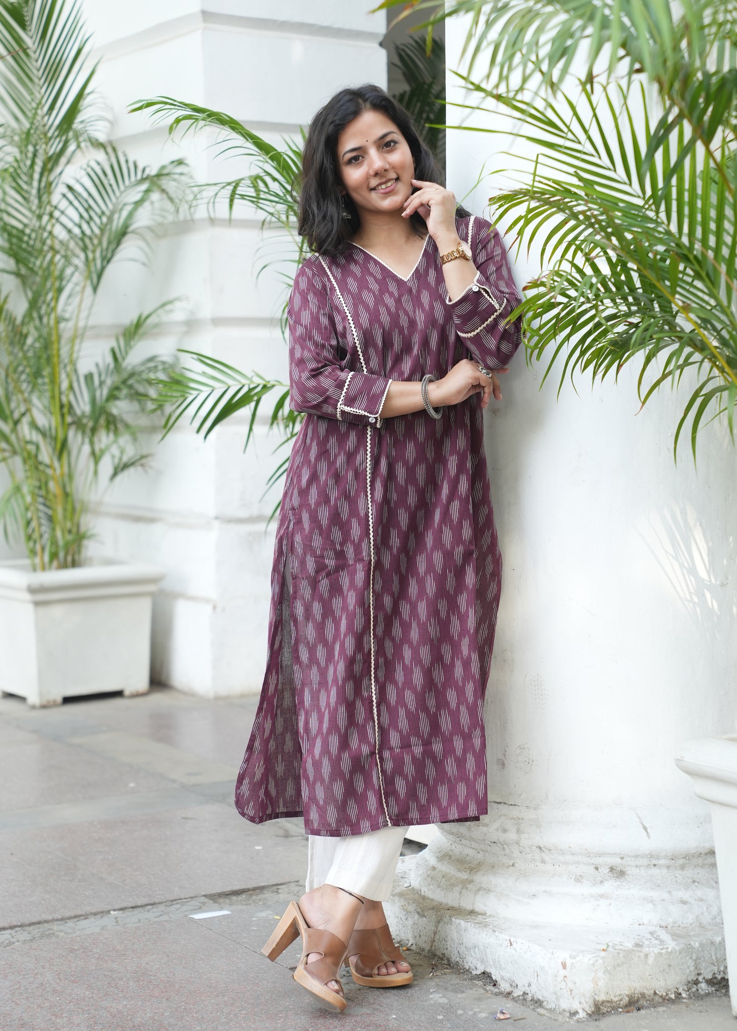 Wine Handloom Ikat Kurta with Crosia Lace Detailing for Women