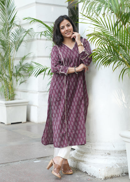 Wine Handloom Ikat Kurta with Crosia Lace Detailing for Women