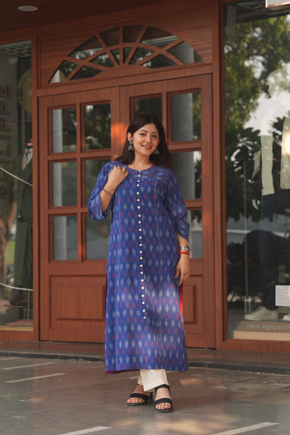 Blue Handloom Ikat Cotton Kurta for Women – Soft, Breathable & Everyday Wear