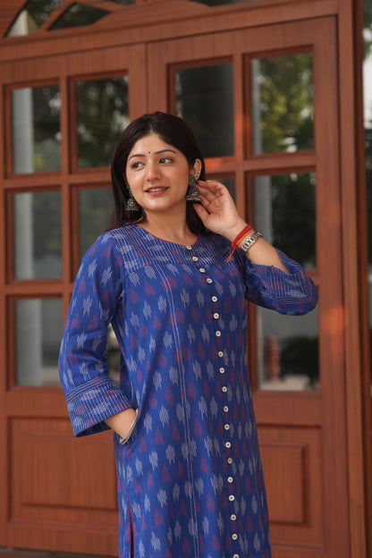 Blue Handloom Ikat Cotton Kurta for Women – Soft, Breathable & Everyday Wear