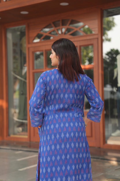 Blue Handloom Ikat Cotton Kurta for Women – Soft, Breathable & Everyday Wear