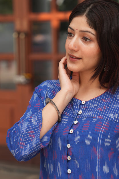 Blue Handloom Ikat Cotton Kurta for Women – Soft, Breathable & Everyday Wear