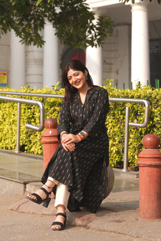 Black Ikat A-Line Front-Open Cotton Kurta for Women – Handloom Style & Everyday Comfort