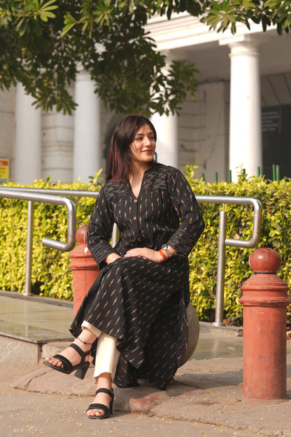 Black Ikat A-Line Front-Open Cotton Kurta for Women – Handloom Style & Everyday Comfort