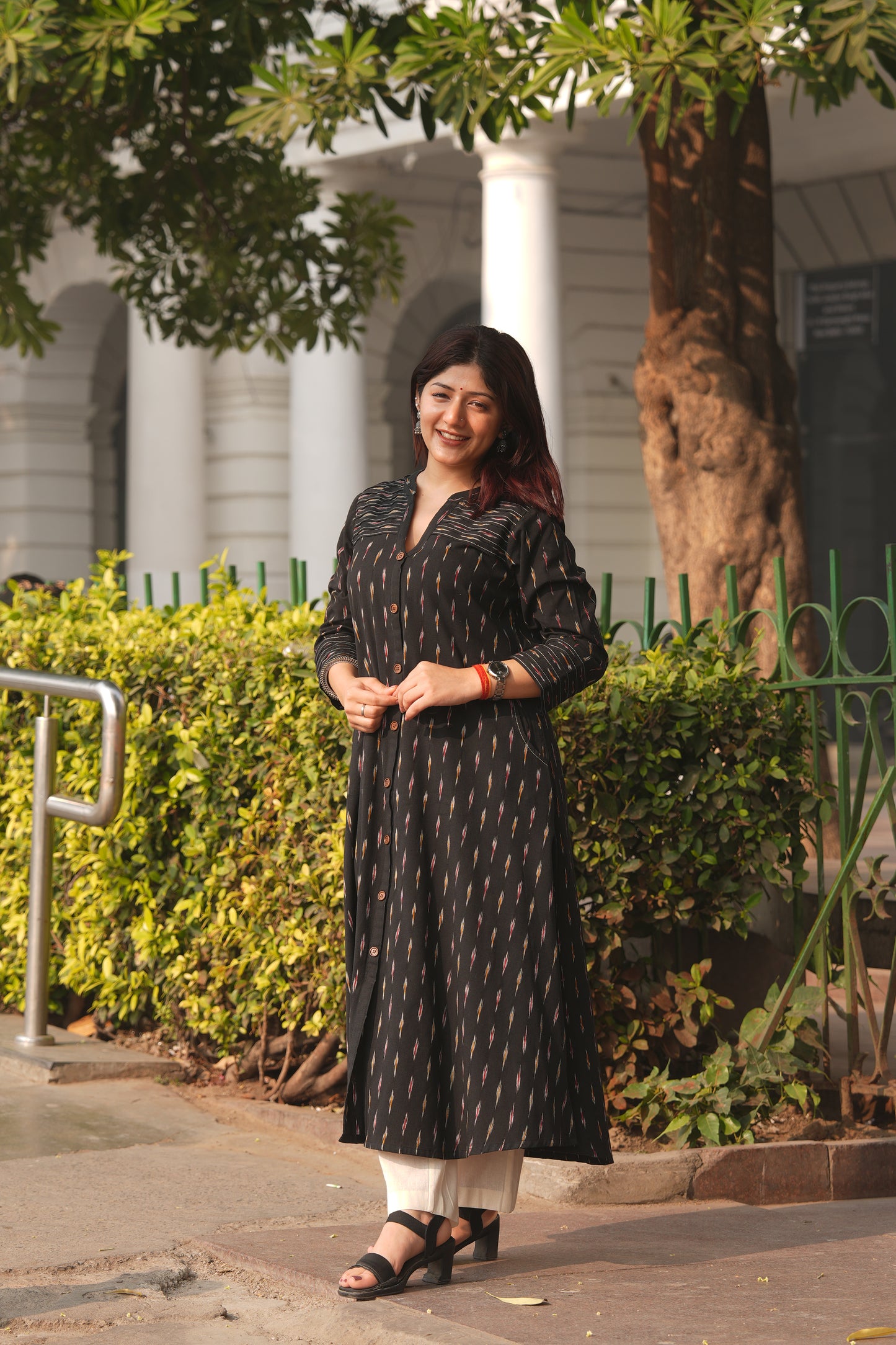 Black Ikat A-Line Front-Open Cotton Kurta for Women – Handloom Style & Everyday Comfort