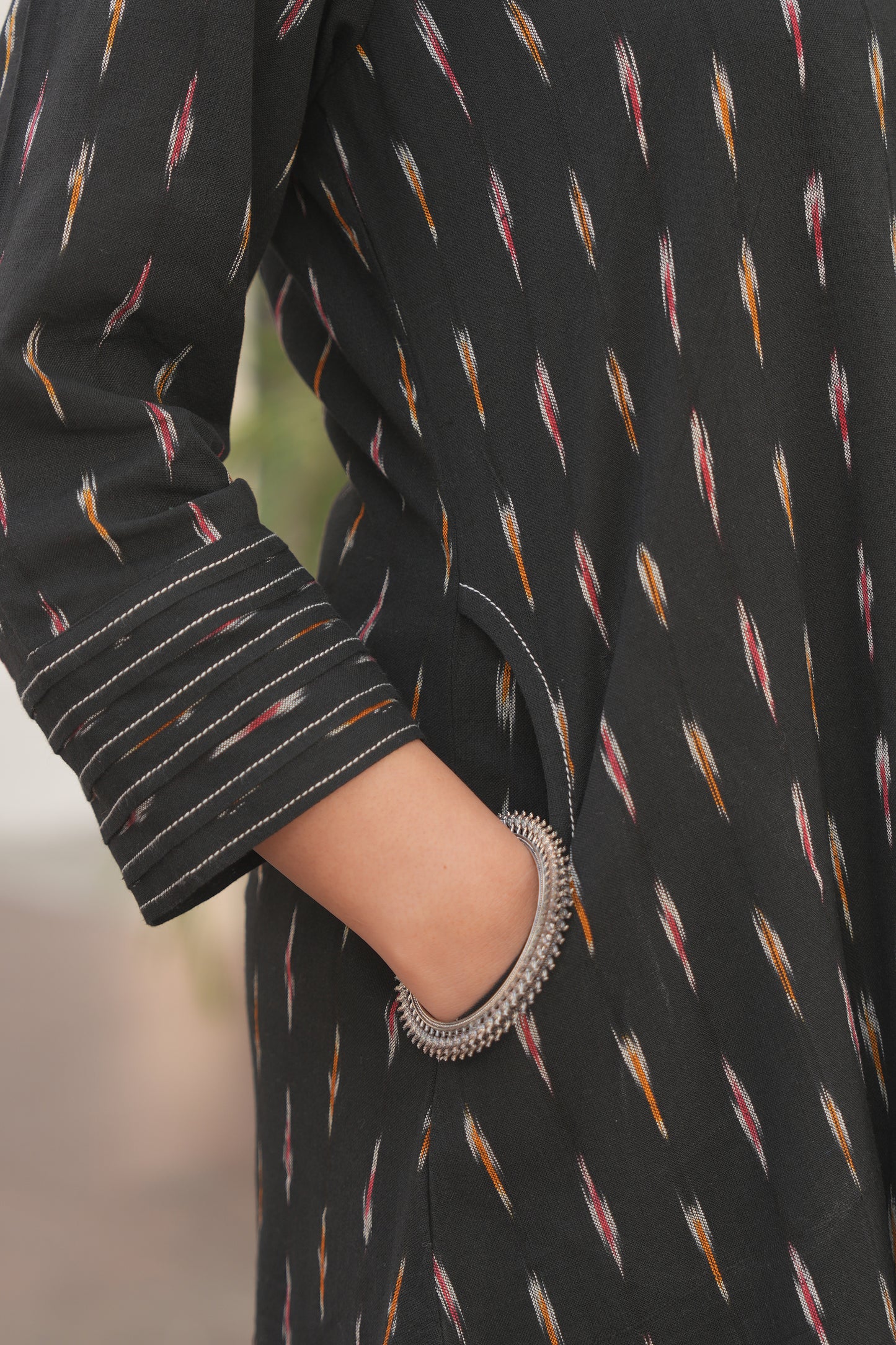 Black Ikat A-Line Front-Open Cotton Kurta for Women – Handloom Style & Everyday Comfort