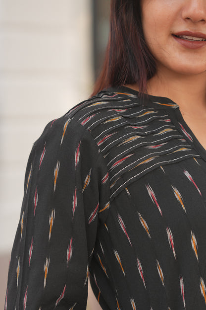 Black Ikat A-Line Front-Open Cotton Kurta for Women – Handloom Style & Everyday Comfort
