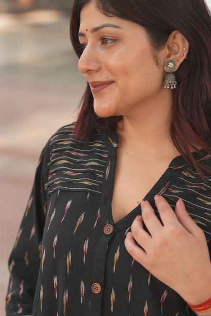 Black Ikat A-Line Front-Open Cotton Kurta for Women – Handloom Style & Everyday Comfort