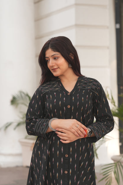 Black Ikat A-Line Front-Open Cotton Kurta for Women – Handloom Style & Everyday Comfort