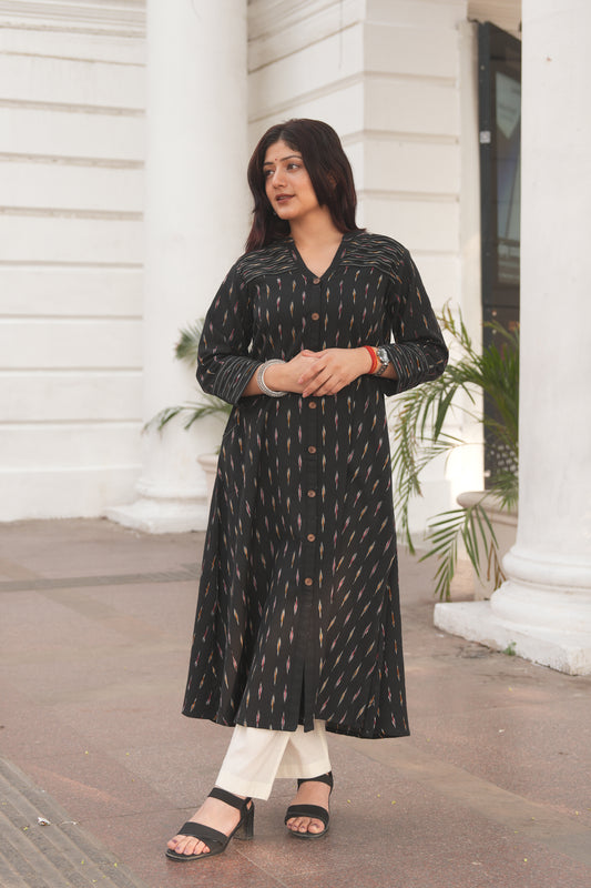 Black Ikat A-Line Front-Open Cotton Kurta for Women – Handloom Style & Everyday Comfort