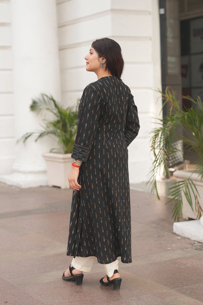 Black Ikat A-Line Front-Open Cotton Kurta for Women – Handloom Style & Everyday Comfort