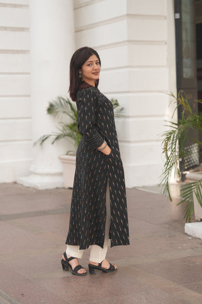 Black Ikat A-Line Front-Open Cotton Kurta for Women – Handloom Style & Everyday Comfort