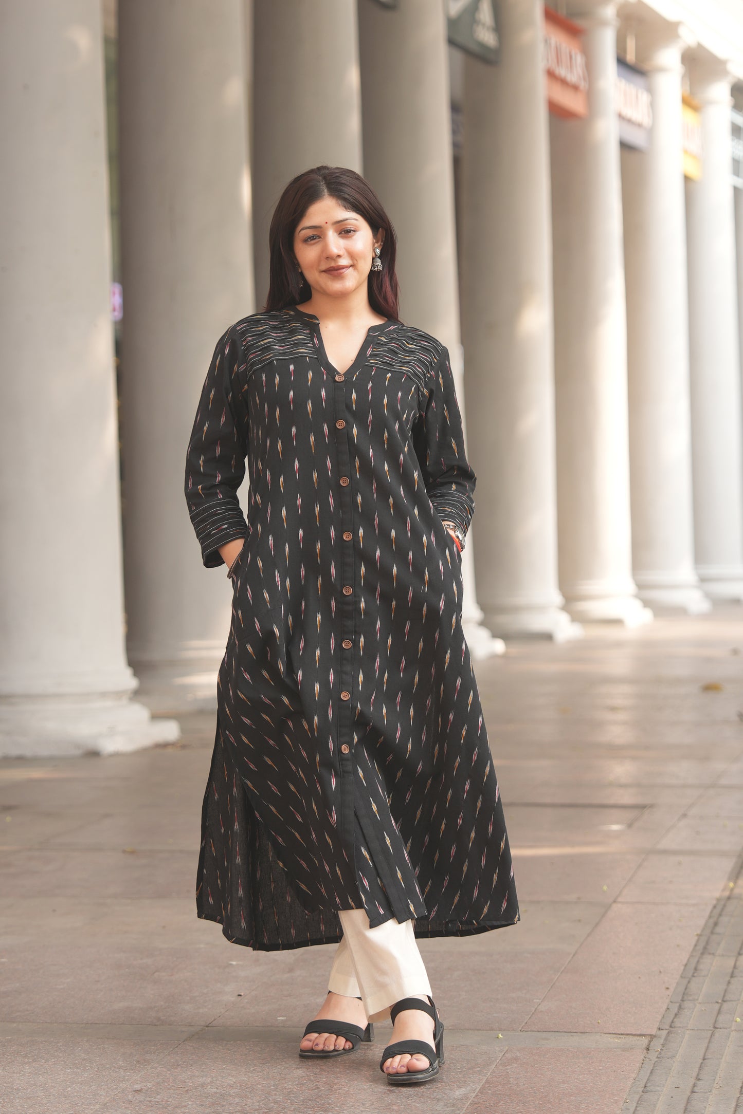Black Ikat A-Line Front-Open Cotton Kurta for Women – Handloom Style & Everyday Comfort