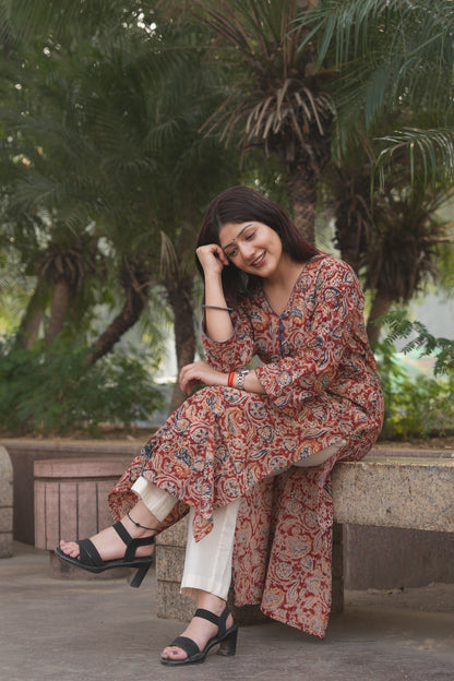 Maroon Kalamkari Straight-Fit Kurta (Loop-Button Neck, Blue Floral Print)