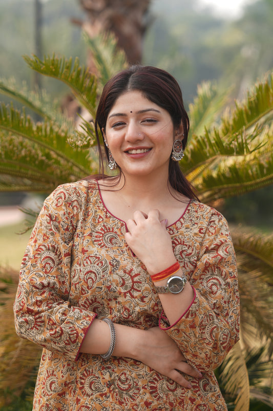 Mustard Kalamkari A-Line Kurta (Both-Side Pockets, Round V Neck)