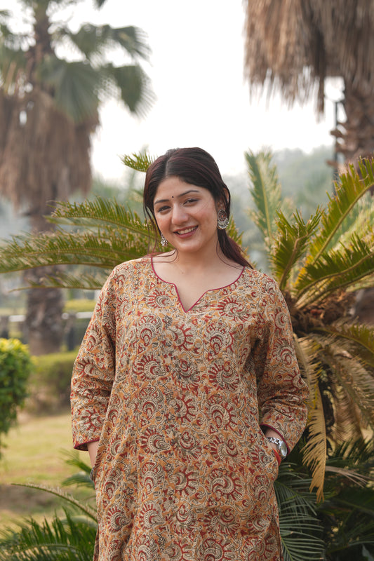 Mustard Kalamkari A-Line Kurta (Both-Side Pockets, Round V Neck)