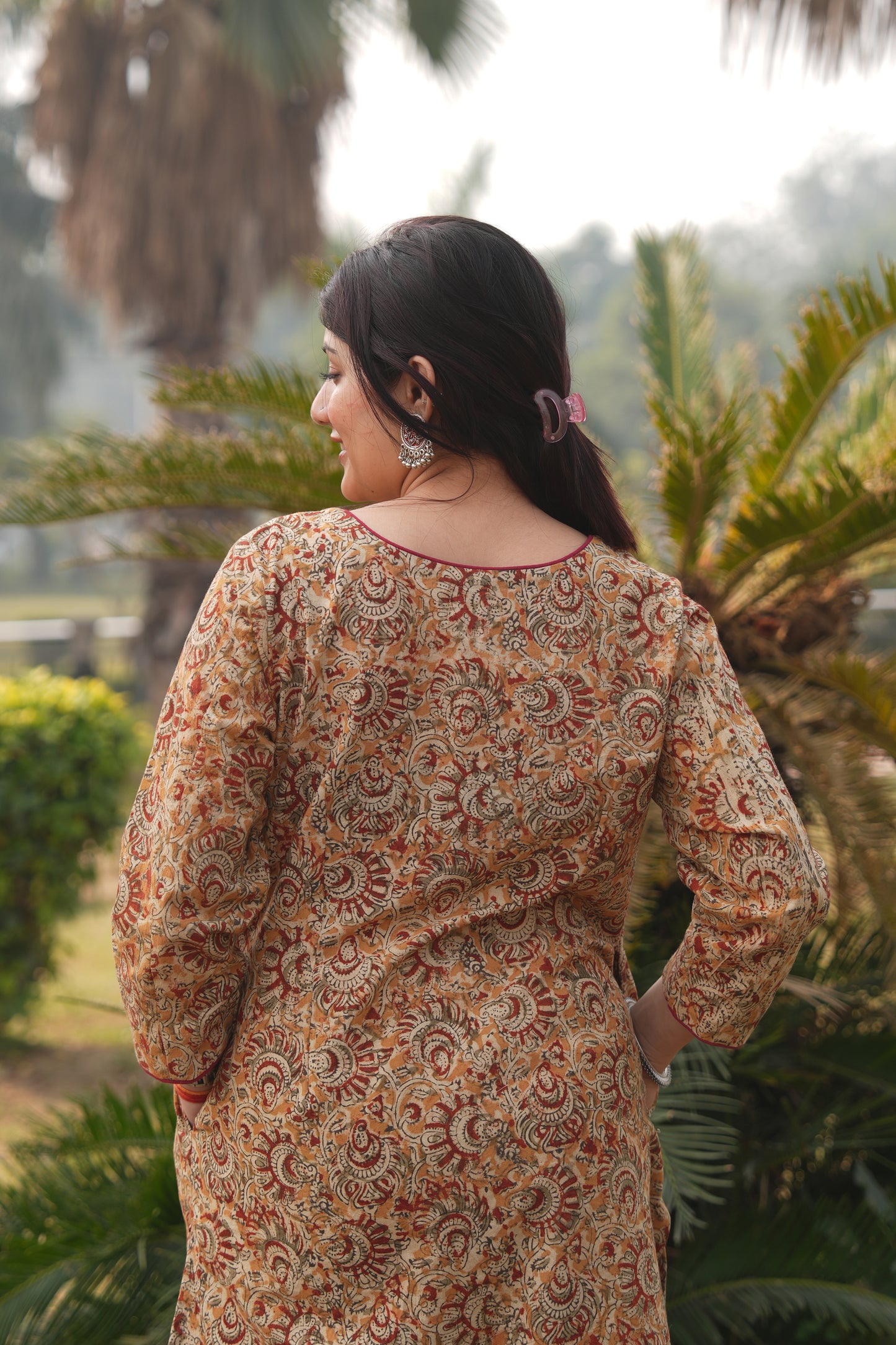 Mustard Kalamkari A-Line Kurta (Both-Side Pockets, Round V Neck)