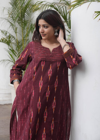 Maroon Handloom Ikat Princess Cut Kurta with Dual Print Design & Side Pockets